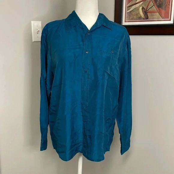 90s Vintage On The Brink Green Silk Button Up Shirt Size Large - Picture 1 of 5
